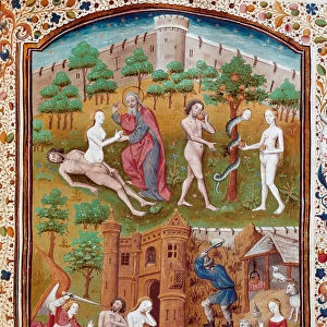 Birth of Eve from the coast of Adam, Adam and Eve picking the defended fruit