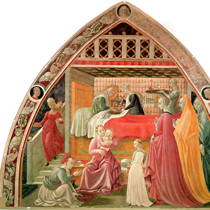 The birth of the Virgin. The midwives take care of the new one while a servant washes