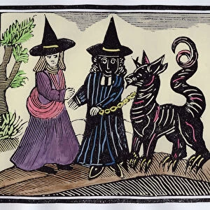 A Black and a White Witch with a Devil Animal, Illustration from a collection of