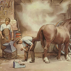Blacksmith shoeing a horse (colour litho)