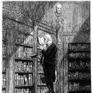 A blibliothecaire on his ladder examining books on shelving