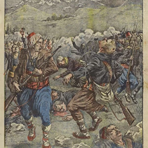 Bloody battle between Bulgarian and Serbian troops, 1915 (colour litho)