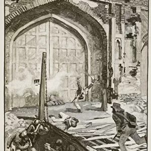 Blowing up the Cashmere gate at Delhi, illustration from Cassell