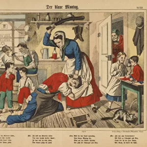 "Blue Monday"- a shoemakers wife beating her husband, broadsheet published by C. Burckhardt, Weissenburg, c. 1850 (colour litho)