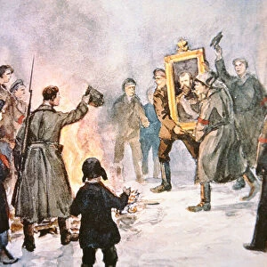 Bolshevik soldiers about to burn a portrait of the Tsar, during the 1917 Russian Revolution (colour litho)