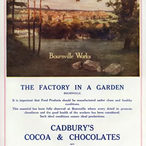 The Bournville Works, Birmingham, advertisement for Cadburys cocoa and chocolates (colour litho)