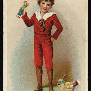Boy with a basket of Christmas crackers, greetings card. (chromolitho)