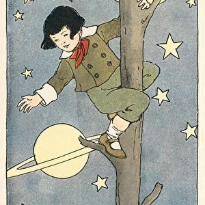 Boy Climbing a Tree Among the Stars and Planets, 1918 (colour litho)