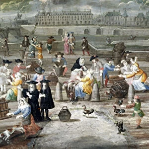 Bread and Poultry Market on Quai des Grands Augustins, painted for a fan (pen & ink