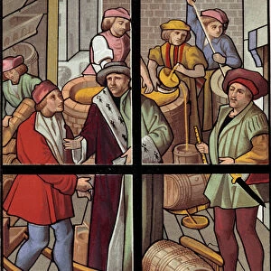 The brewers. Lithograph from a stained glass window of the cathedral of Tournai from
