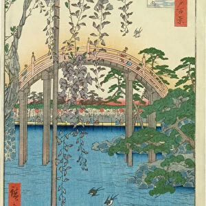 The Bridge with Wisteria or Kameido Tenjin Keidai, plate 57 from 100 Views of Edo, 1856 (colour woodblock print)