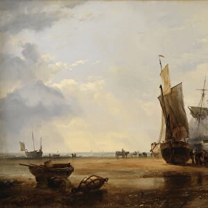 Brig on Sands: Vessels on the Sands at Hastings, 1836 (oil on canvas)