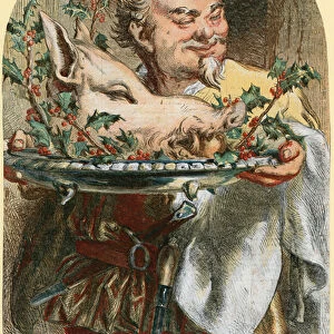 Bringing in the boars head (coloured engraving)