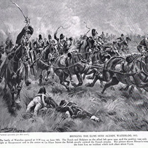 Bringing the guns into action, Waterloo, illustration from Hutchinson