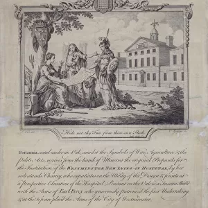 Britannia, under an oak tree, receiving the proposals for the Westminster New Lying in Hospital (engraving)
