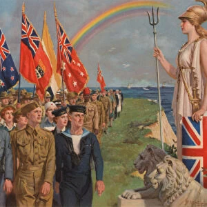 British and Empire military personnel and civilians involved in the war effort parading before Britannia (colour litho)