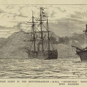 The British Fleet in the Mediterranean, HMS "Invincible"towing the Derelict Ship "Giorgio Boscorich"into Palermo (engraving)