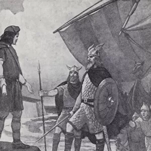 Brothers Hengist and Horsa arriving at Ebbsfleet, Isle of Thanet, Kent, during the invasion by the Angles, Saxons and Jutes in the 5th century (litho)