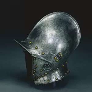 Burgonet with hinged cheek pieces, c. 1560-70 (steel with brass rivets & leather)