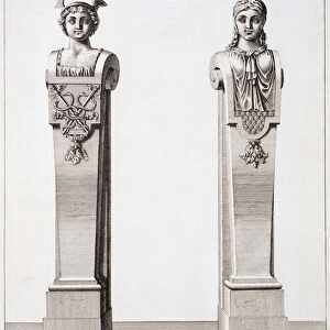 Busts of Mercury and Minerva by Louis Lerambert at Versailles, 1674 (engraving)