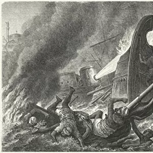 The Byzantines using Greek fire against an attacking Arab fleet (engraving)
