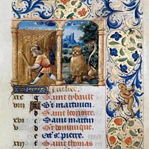 Calendar, the month of July, a peasant in a wheat field and the sign of the lion