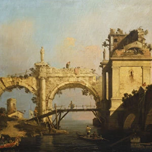 A Capriccio of a ruined Renaissance Arcade and Pavillion by a Waterway crossed by a
