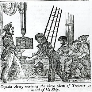 Captain Avery receiving three chests of Treasure on board of his Ship, illustration