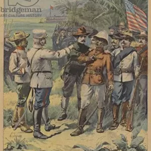 Capture of the Filipino General Aguinaldo by the Americans in the Philippines (colour litho)