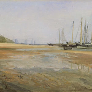 Cargo Ships on the Sands of the Elbe, 1840 / 45 (oil on paper mounted on card)