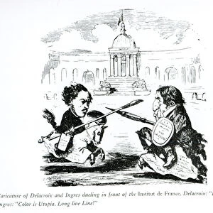 Caricature of Delacroix and Ingres duelling in front of the Institut de France, c