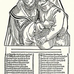 Caricature of a lusty old woman with a young man (woodcut)
