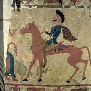 Carpet depicting a mounted warrior, from the Pazyryk Burial Mounds