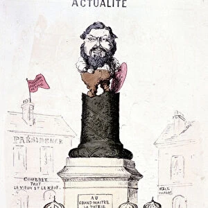 Cartoon of Courbet in statue on the truncated base of the Vendome column