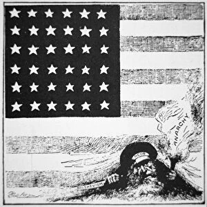 Cartoon depicting Communism and anarchy creeping under the American Flag