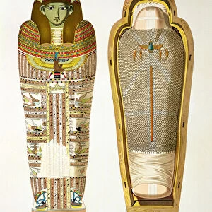 Case and mummy in its cerements from Gizeh, Volume II, plate XXVI from Ancient Egypt by Samuel Augustus Binion, published 1887 (tinted chromolitho)