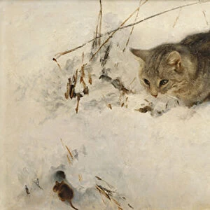 A Cat Stalking a Mouse in the Snow, 1892 (oil on canvas)