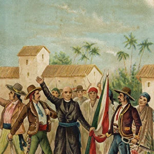 The Catholic priest Miguel Hidalgo y Costilla issues the Grito de Dolores calling for Mexican independence, 15 September 1809 (chromolitho)