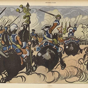Cavalry charge in olden times (colour litho)