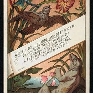 Chameleon with verse and a bird, New Years greetings card. (chromolitho)