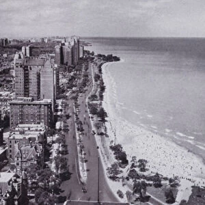 Chicago: Sheridan Road and Oak Street Beach, Looking North from Drake Hotel (b / w photo)