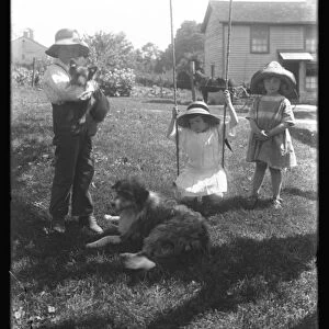 Children with a dog and puppy gathered around a rope swing at the McCready Farm