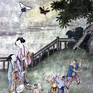 Children playing kite, mid 19th century (print)