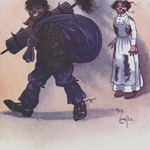 A chimney sweep gets soot over the white uniform of a housemaid (colour litho)