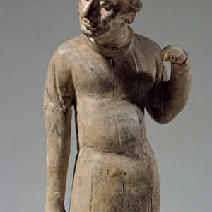 Chinese art: Sogdian, barbarian terracotta statuette with pointed hat carrying silk