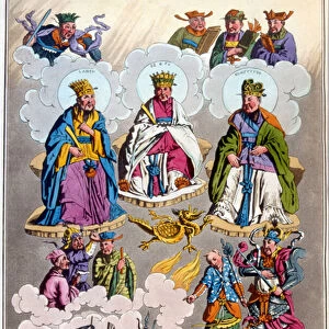 Chinese deities divided into 3 classes: Lao - Tseu (or Laozi on the left), P an Ku (or Fo - Ni, in the middle) Confucius (right) - in "The old and modern costume"by Ferrario, ed. Milan, 1819-20