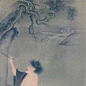 Two Chinese hermits, Han Shan writing on a rock and Shih Te preparing his ink