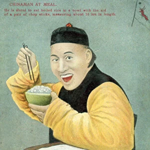Chinese man using a pair of chopsticks to eat a bowl of rice (colour litho)