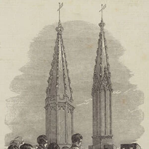 Choristers singing the "Hymnus Eucharisticus, "on Magdalen Tower (engraving)