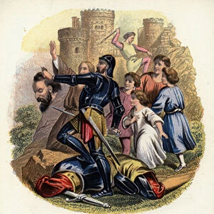 Christiana and the pilgrims look on as Greatheart slays Giant Despair, an illustration from from The Pilgrims Progress by John Bunyan (colour litho)